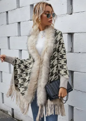 Faux Fur Trim Houndstooth Coat