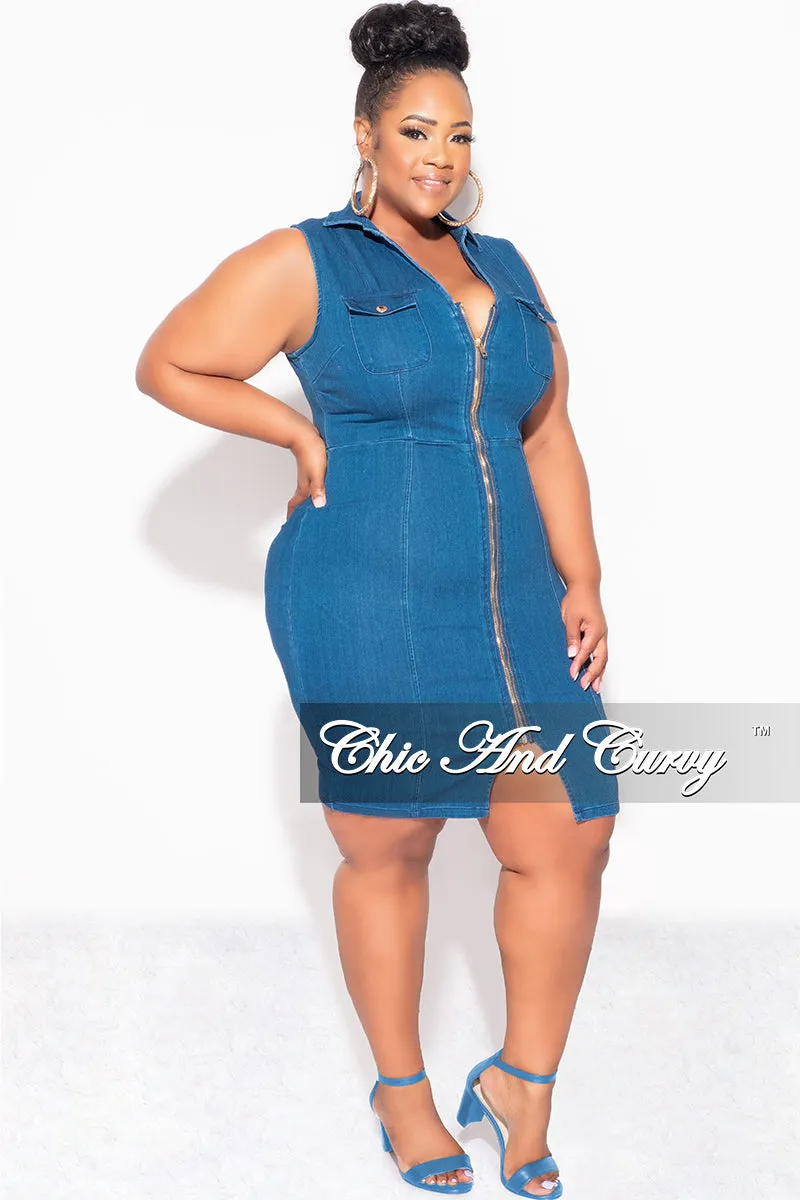 Fina Sale Plus Size Sleeveless Collar ZipUp BodyCon Dress with Front Slit in Dark Denim