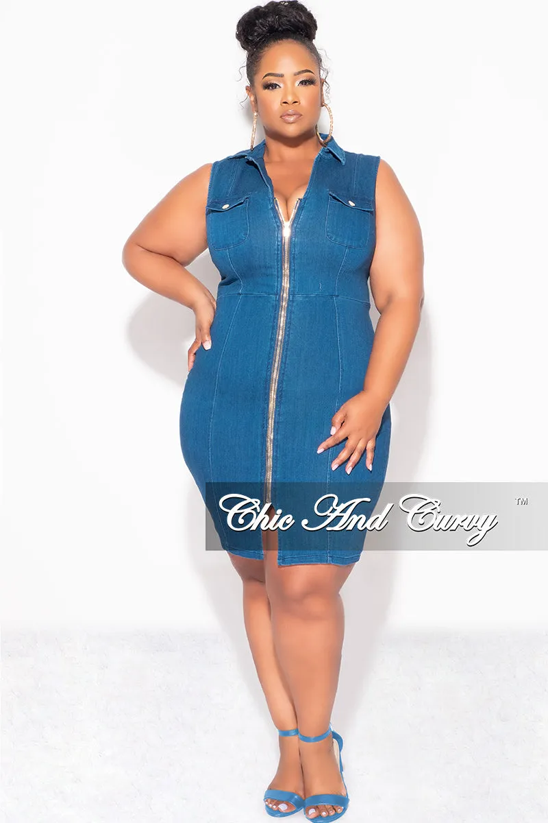 Fina Sale Plus Size Sleeveless Collar ZipUp BodyCon Dress with Front Slit in Dark Denim