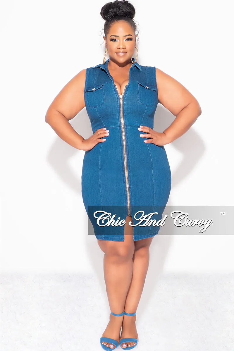 Fina Sale Plus Size Sleeveless Collar ZipUp BodyCon Dress with Front Slit in Dark Denim