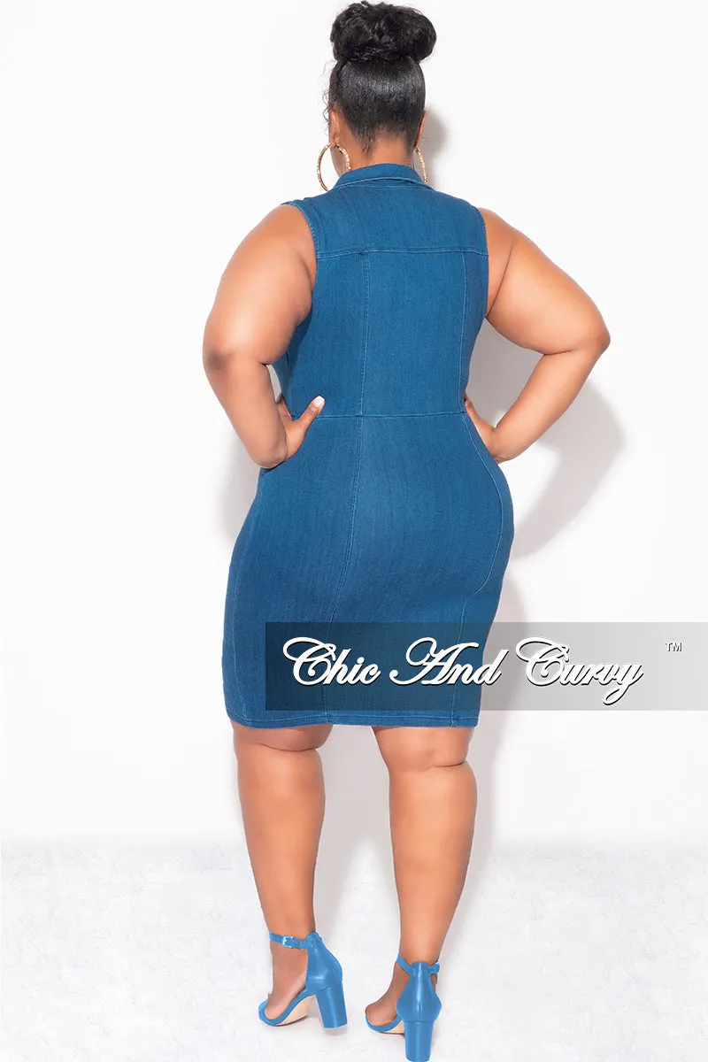 Fina Sale Plus Size Sleeveless Collar ZipUp BodyCon Dress with Front Slit in Dark Denim