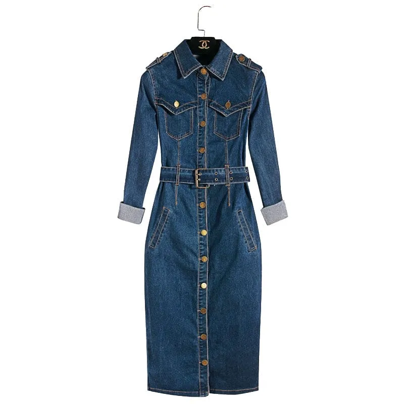 Flap Pocket Lapel Collar Button Belted Denim Dress