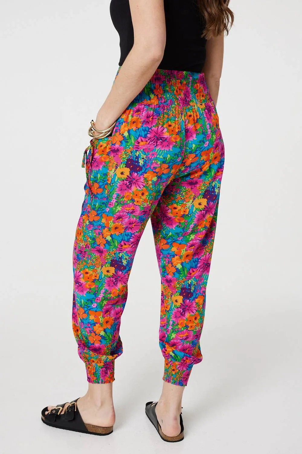 Floral Shirred High Waist Harem Pants