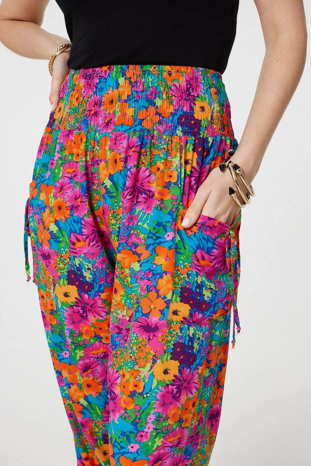 Floral Shirred High Waist Harem Pants