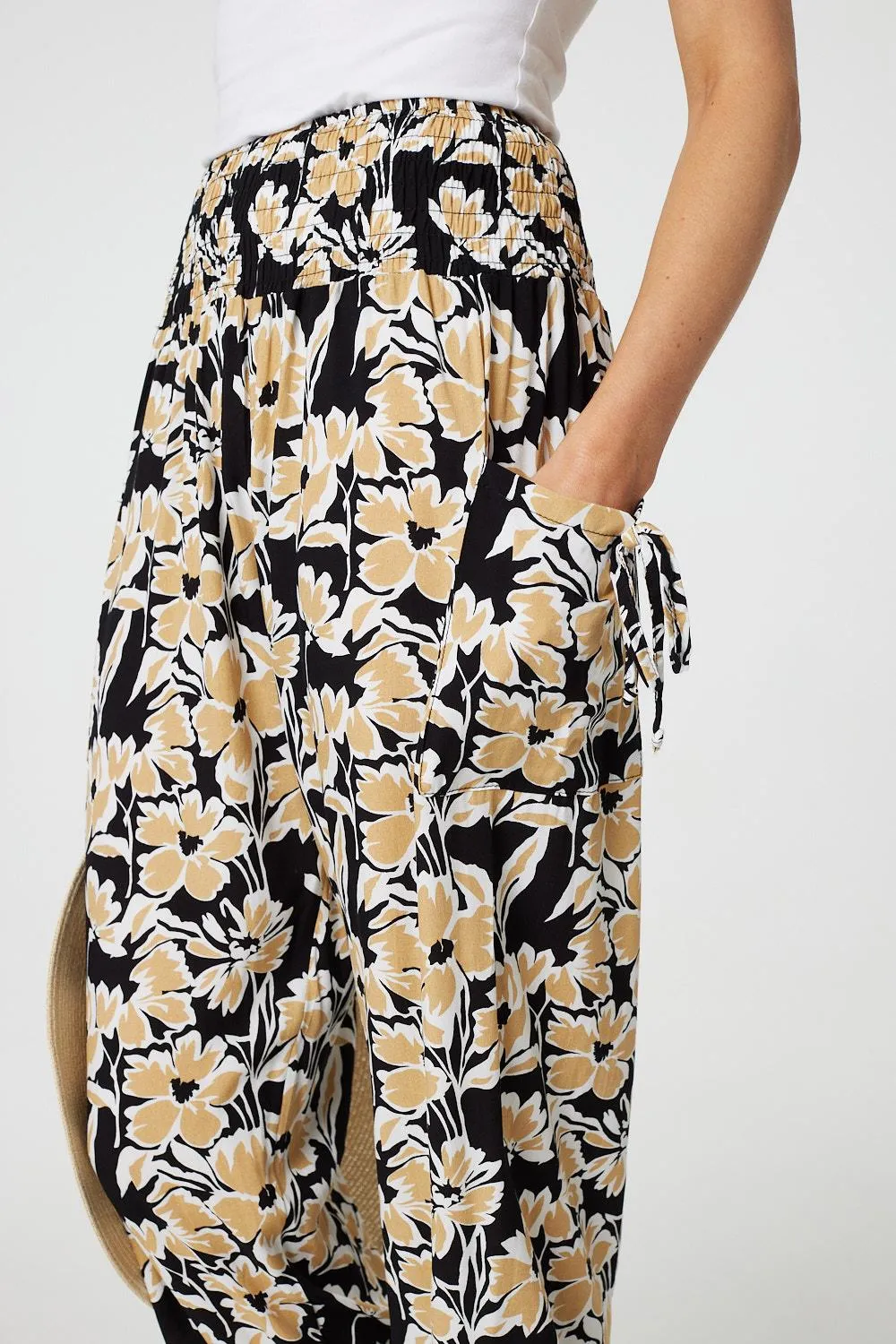 Floral Tassel Tie Pocket Harem Pants