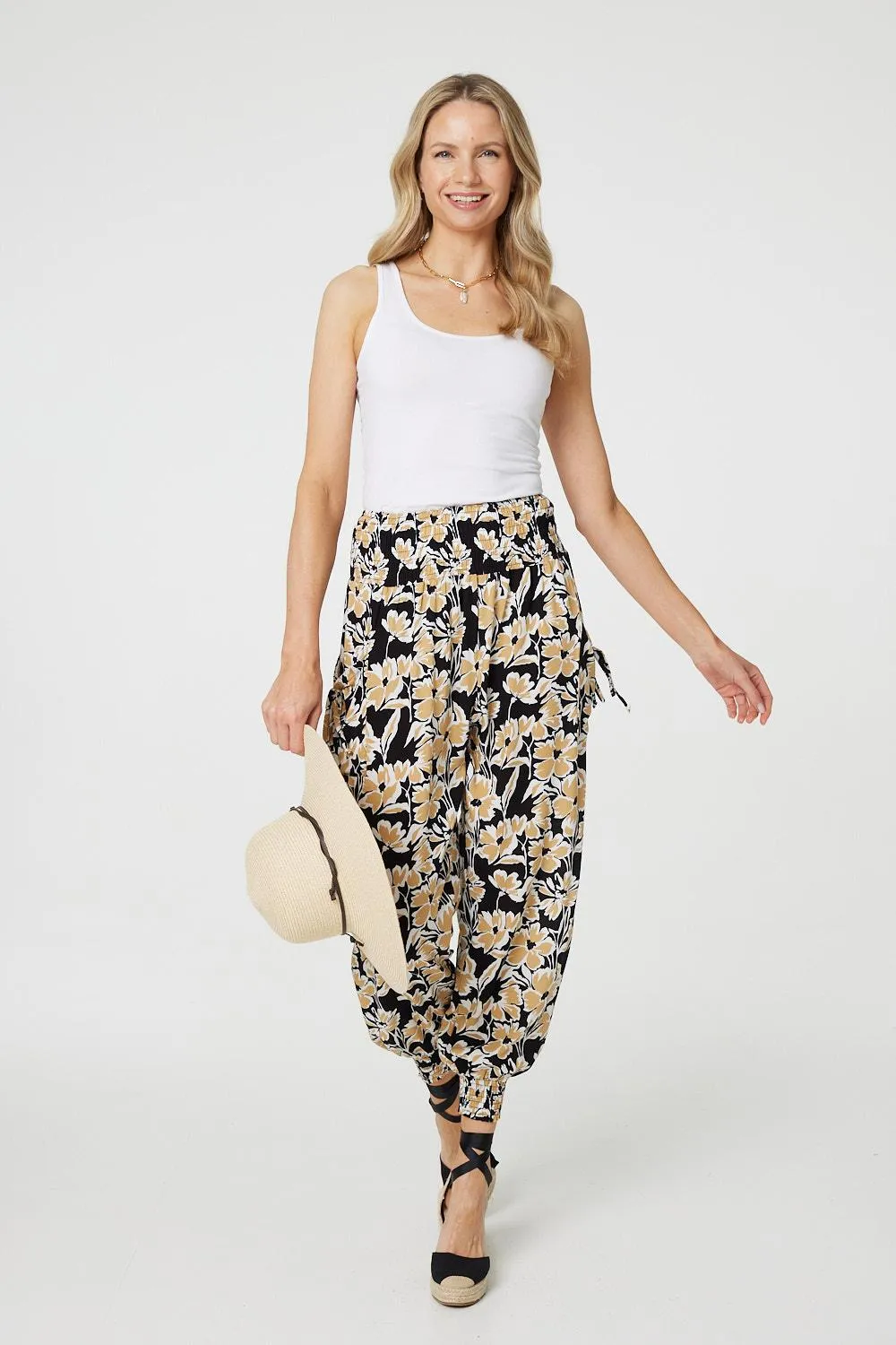 Floral Tassel Tie Pocket Harem Pants