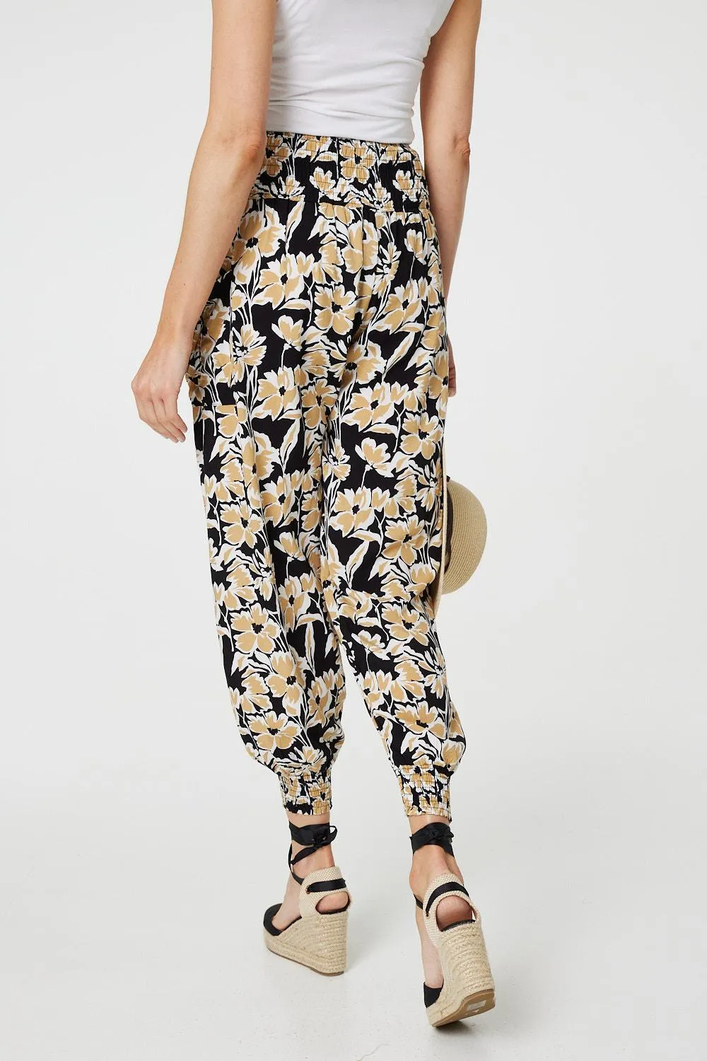 Floral Tassel Tie Pocket Harem Pants