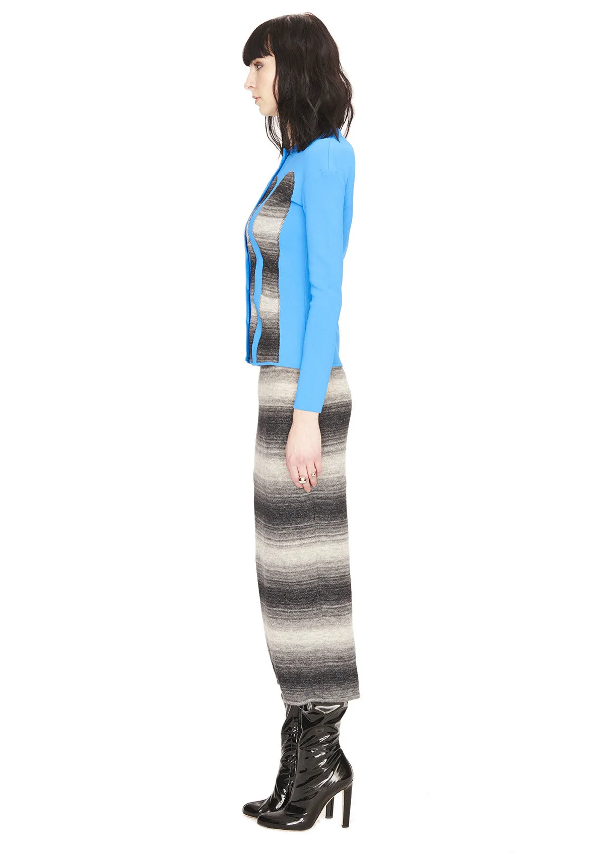 Frances - Knit, Azure Blue Striped Sweater with Tonal Grey Motif