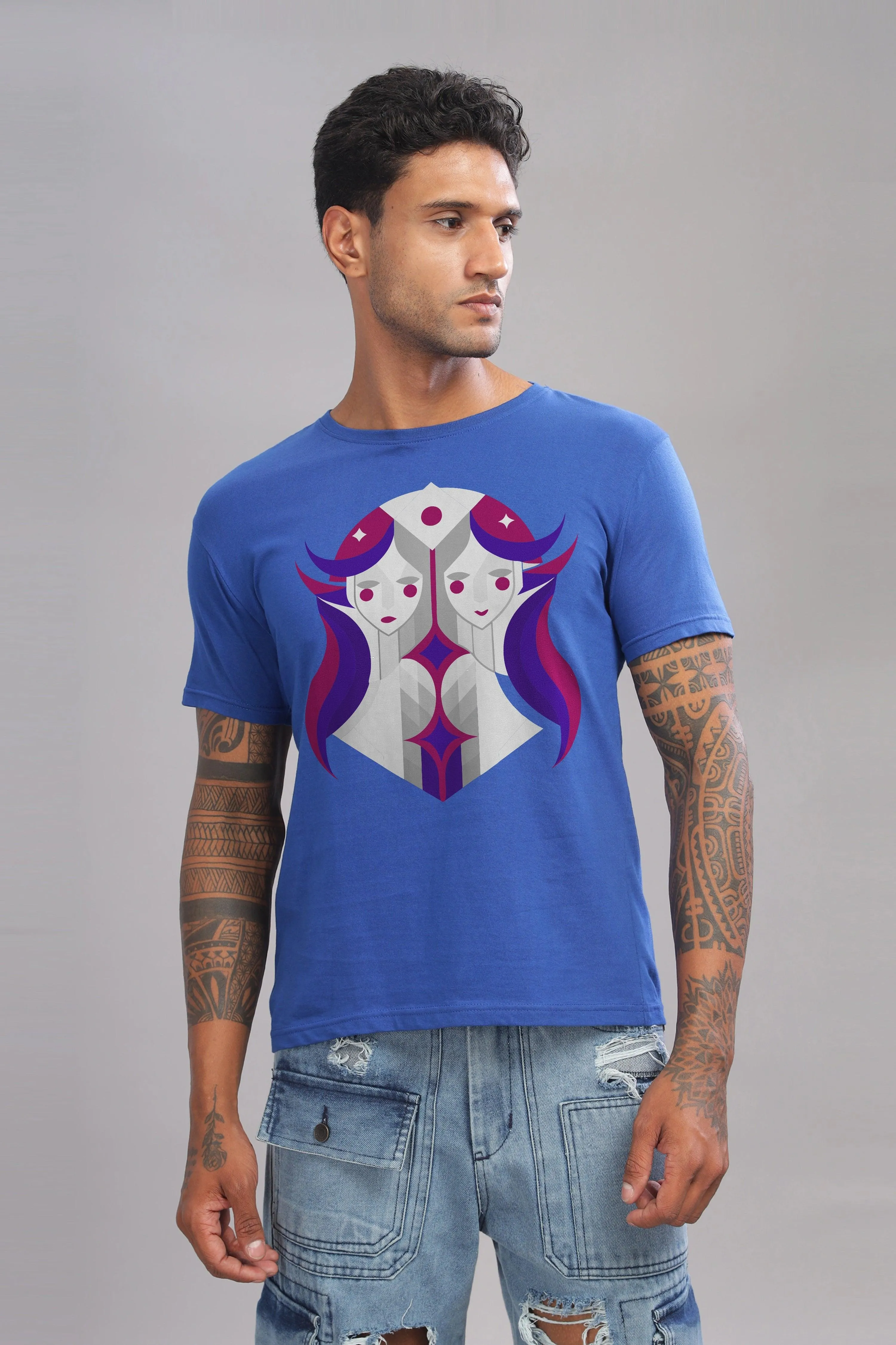 Gemini Guru Royal Blue Half Sleeve Printed Round Neck T-Shirt