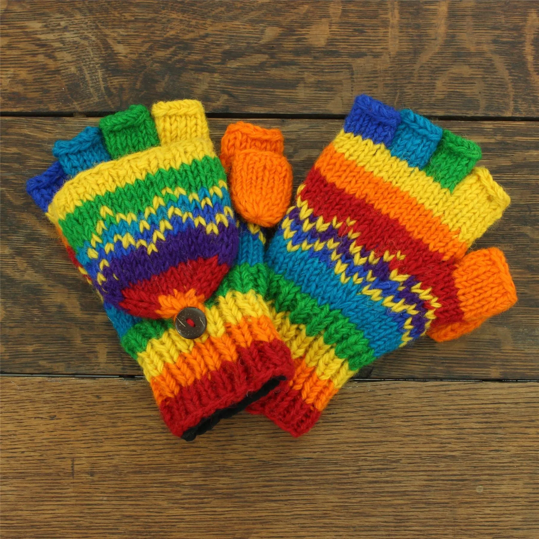 Hand Knitted Wool Shooter Gloves - Stripe Rainbow Zig Zag