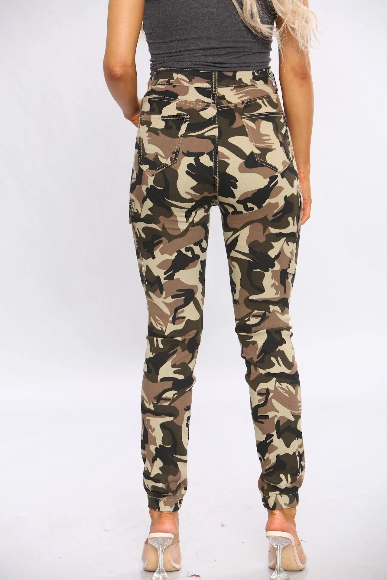 Khaki Camo Print Cargo Pants