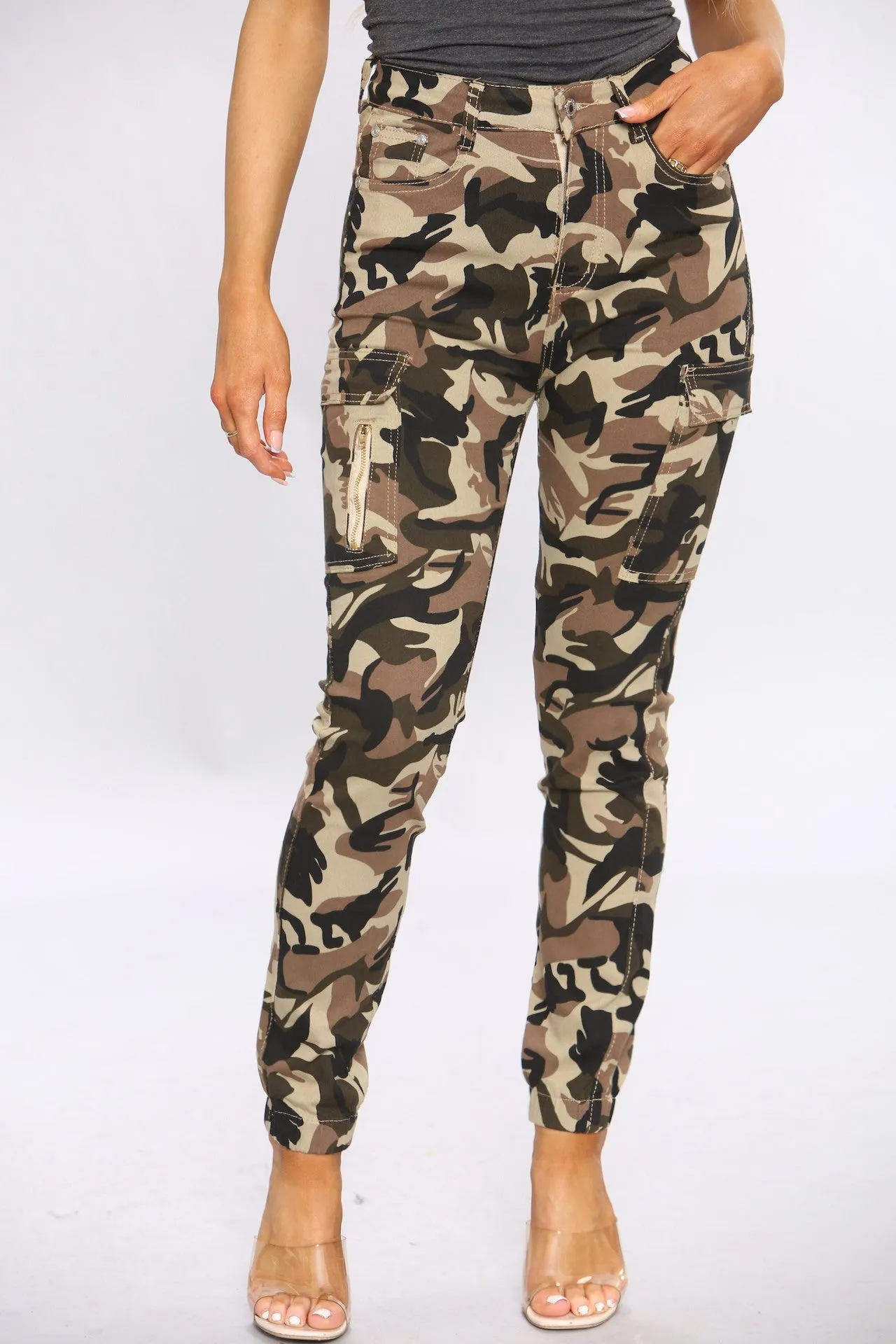 Khaki Camo Print Cargo Pants