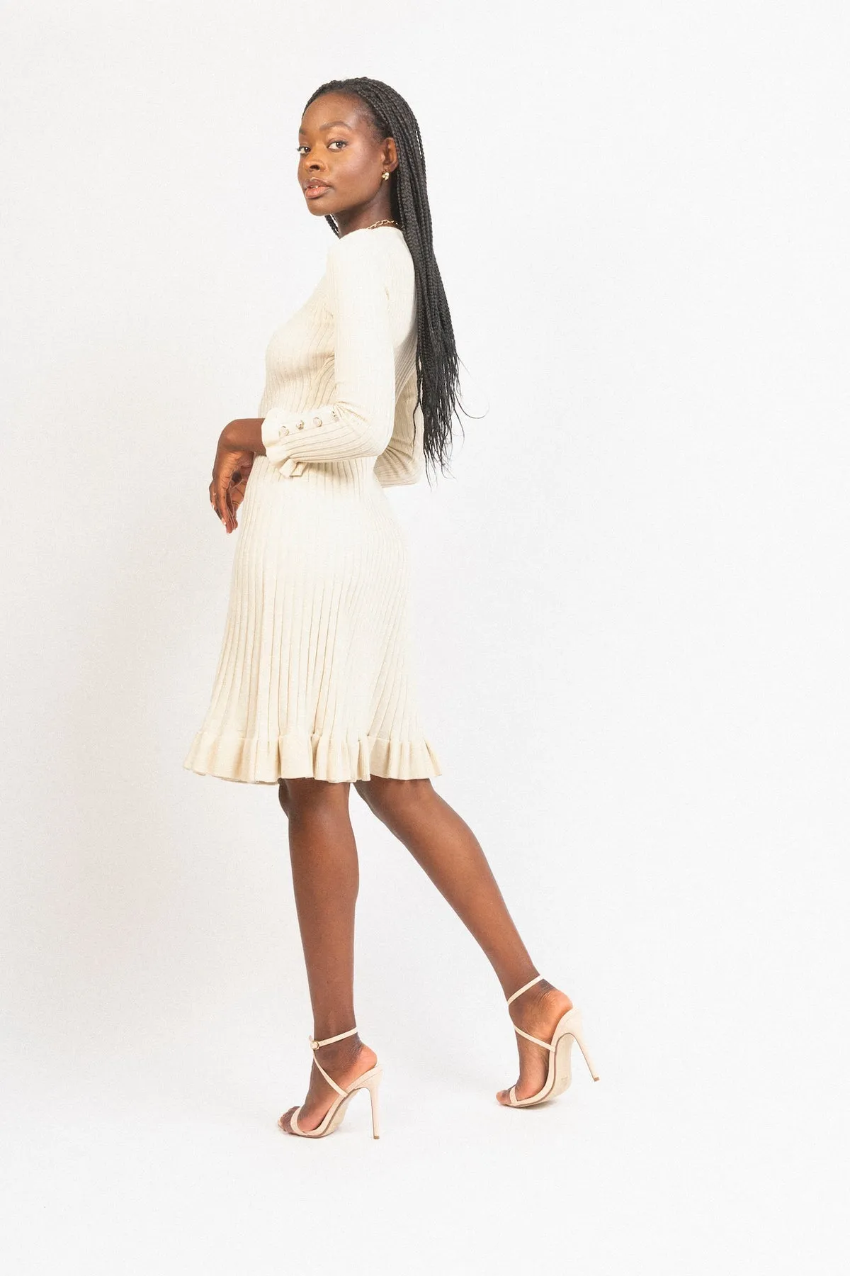 Knit Pearl Button Dress in Ivory