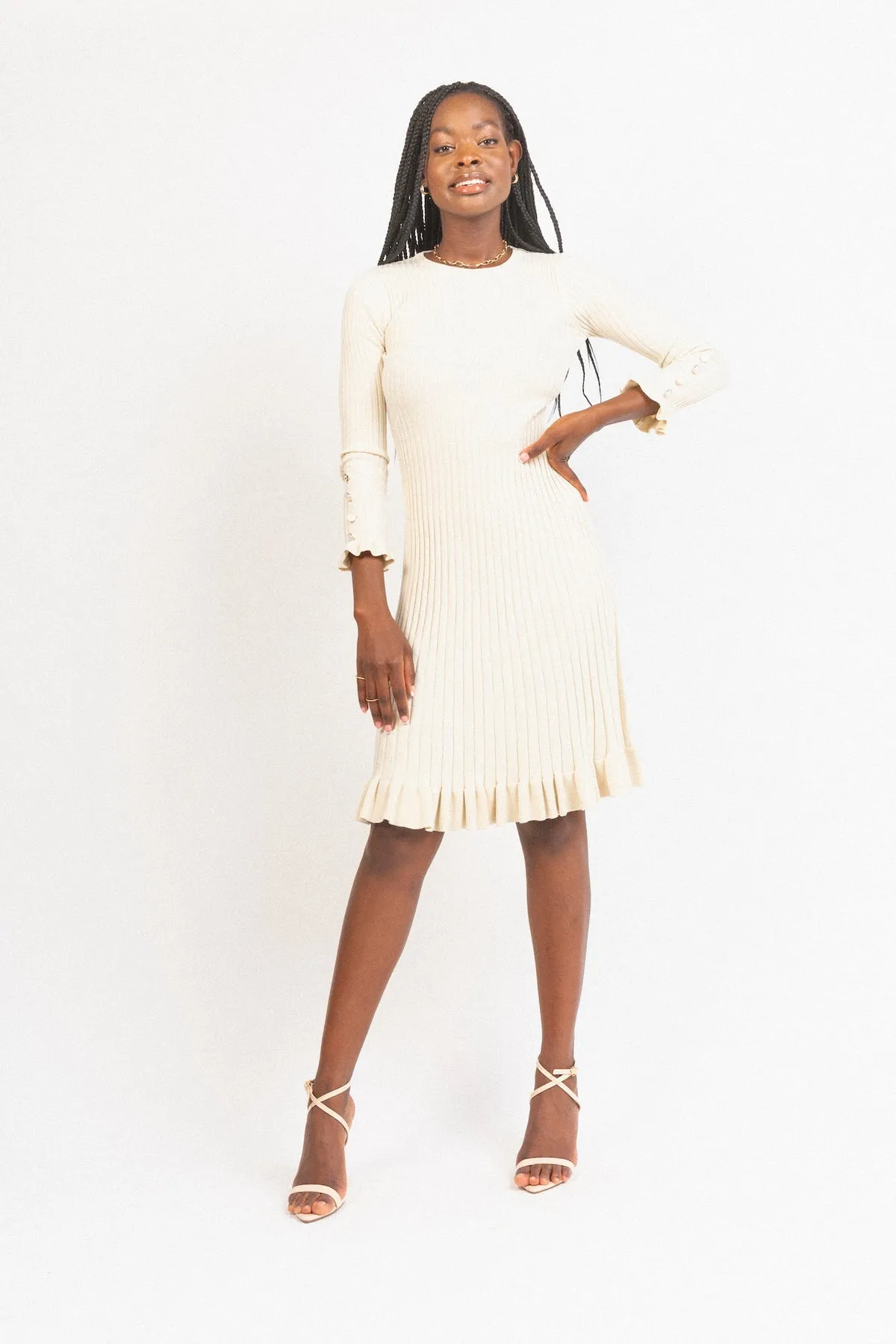 Knit Pearl Button Dress in Ivory