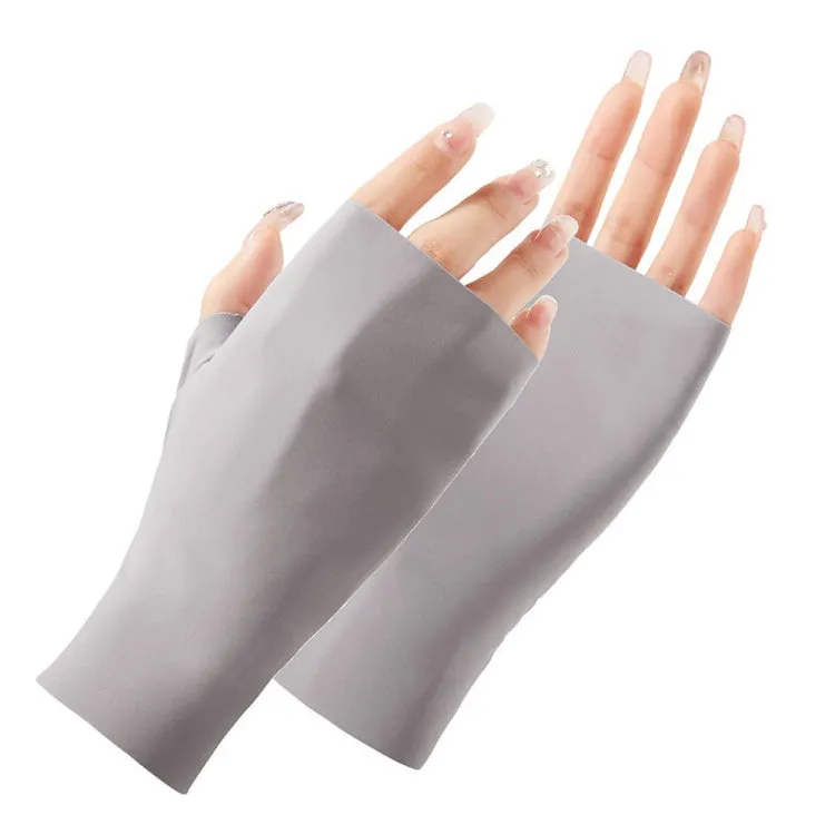 Ladies Sunscreen Gloves Half Finger Ice Silk Gloves,Style: Linked Finger(Gray)