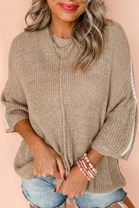 Light French Beige Contrast 3/4 Sleeve Crew Neck Sweater