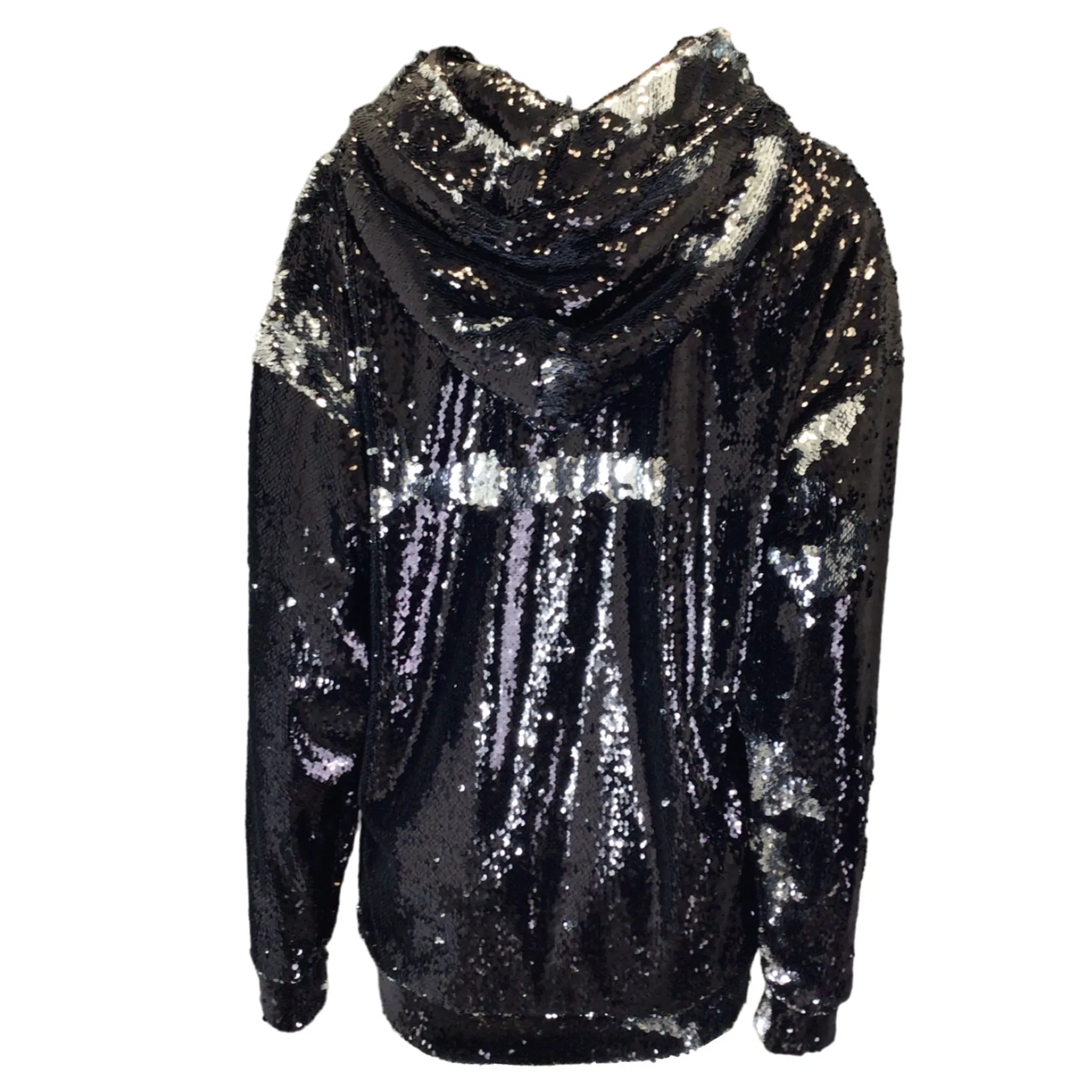 Marques Almeida Black / Silver Metallic Sequin Embellished Hooded Drawstring Sweatshirt