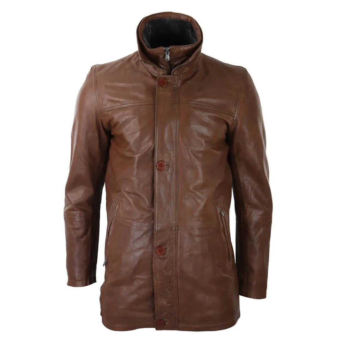 Mens 3/4 Long Real Leather Safari Jacket Classic Car Coat Zip Button Cover