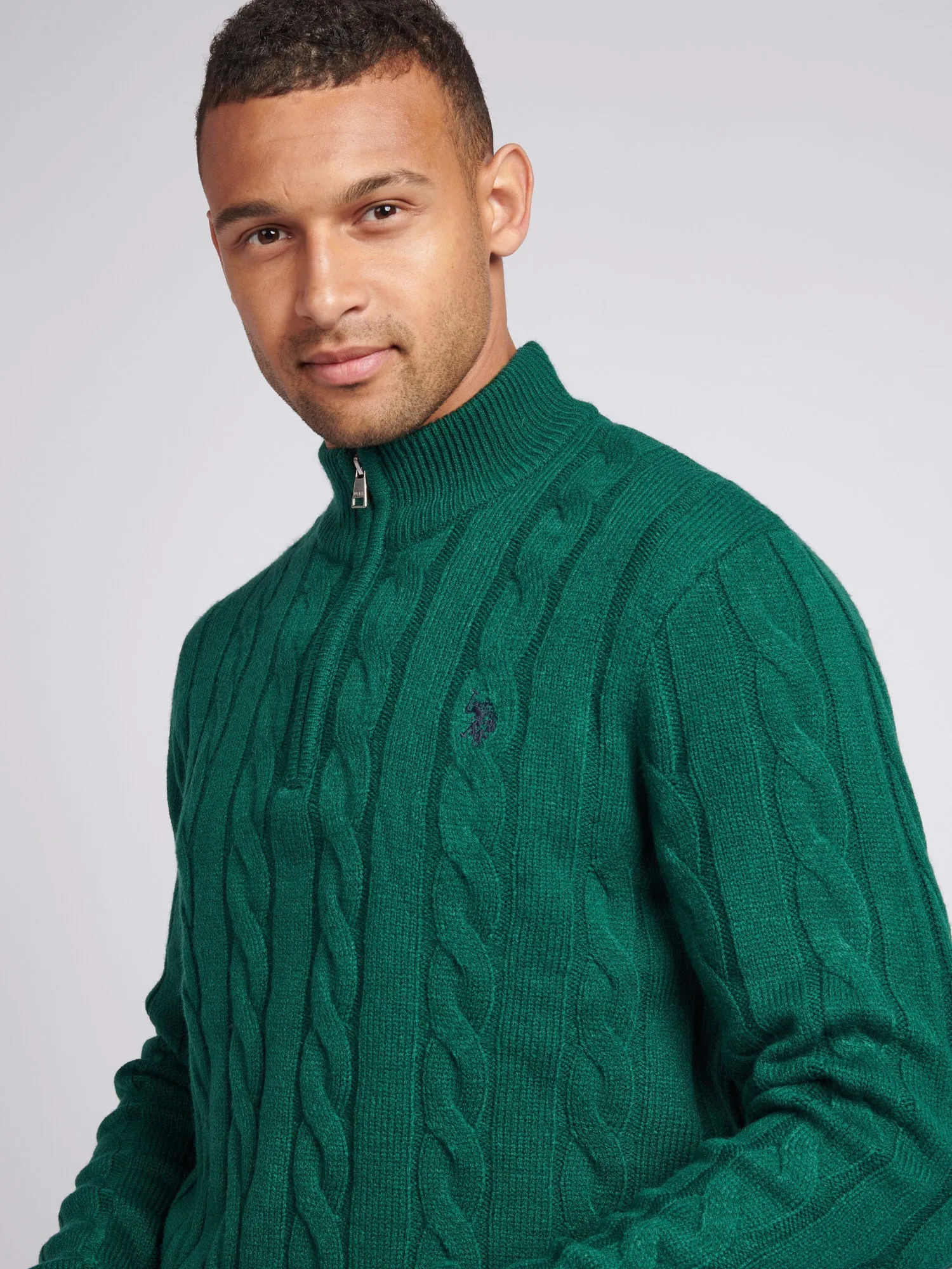 Mens Cable Knit Funnel Neck in Rain Forest