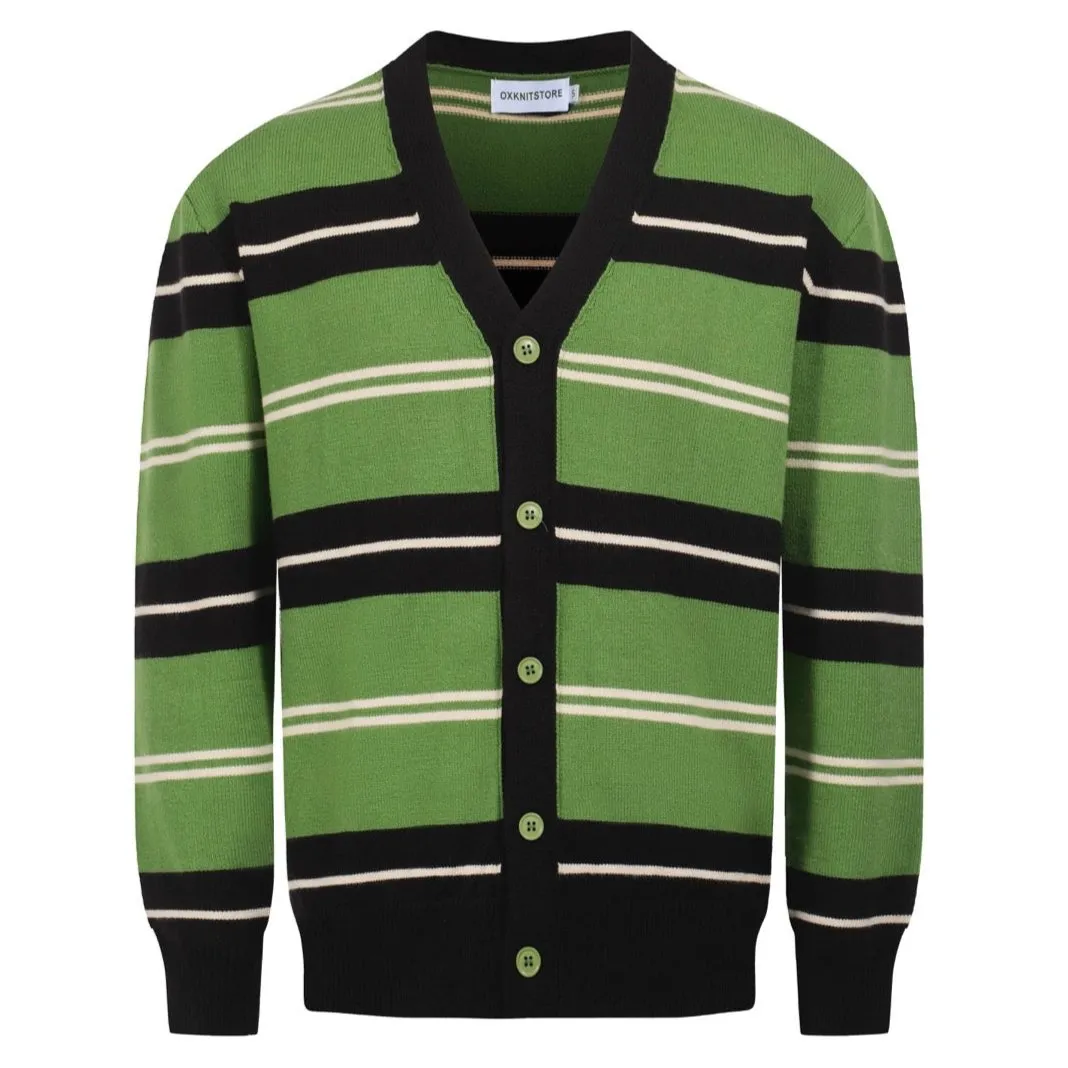 Men's Striped Knit Cardigan – Classic Green and Black Retro Button-Up Sweater for Timeless Style