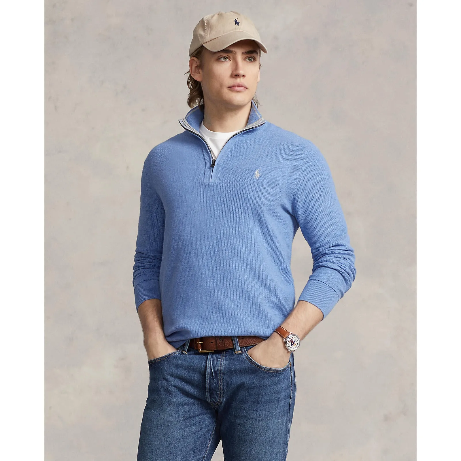 Mesh-Knit Cotton Quarter Zip  - Summer Blue