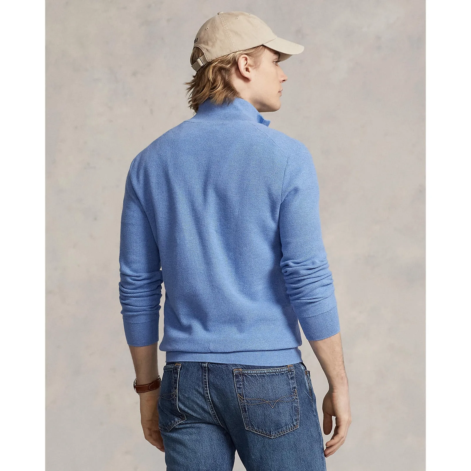 Mesh-Knit Cotton Quarter Zip  - Summer Blue