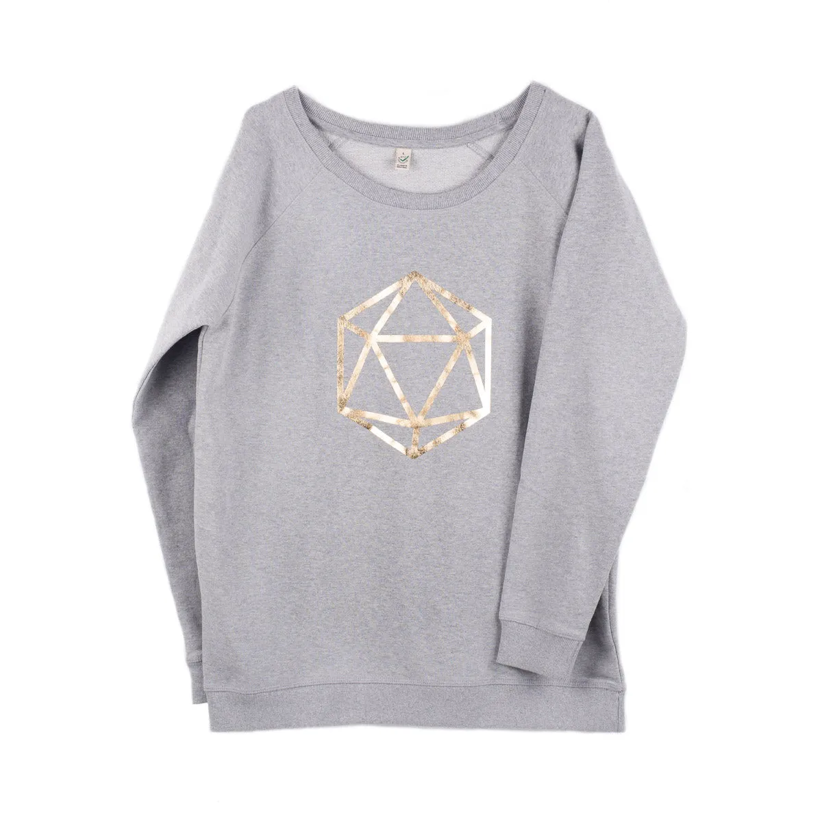 Metallic gold octahedron on a light grey sweat