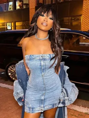 Metaversmall Blue Denim Bodycon Dress for Women 2023 Autumn Y2k Street Fashion Tube Top Mini Dresses Sexy Club Outfits C87-EF39