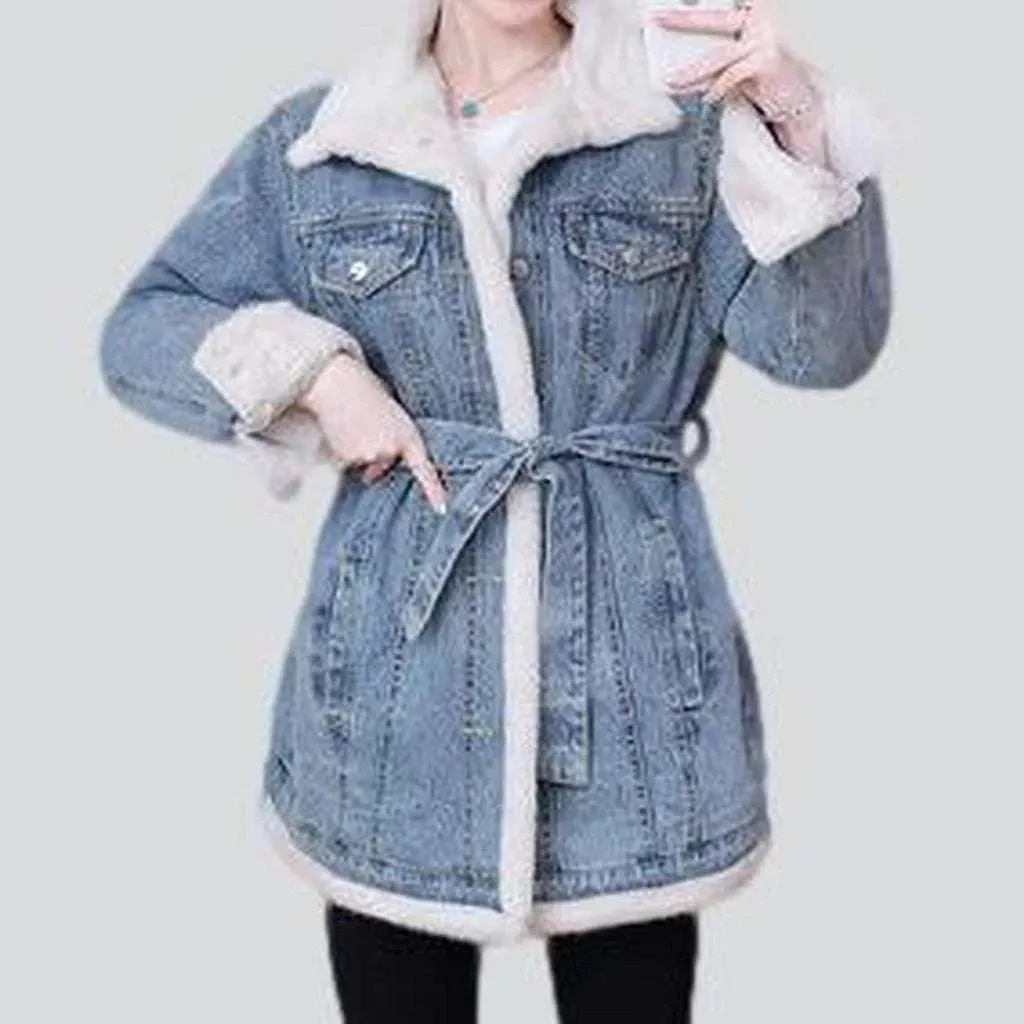 Mini denim coat with fur