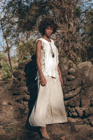 Off-White Bohemian Top with Tassels Sides