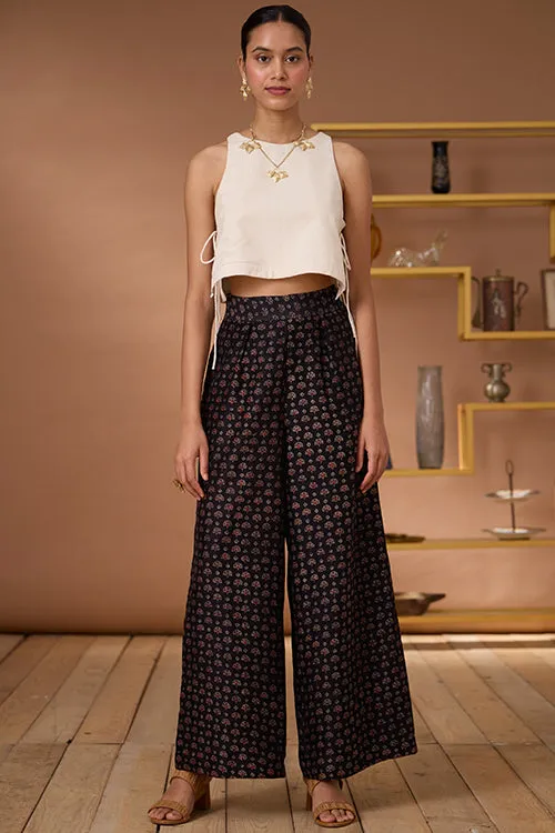 Okhai "Starry Quartz" Handblock Printed Chanderi Silk Ajrakh High Waisted Pants