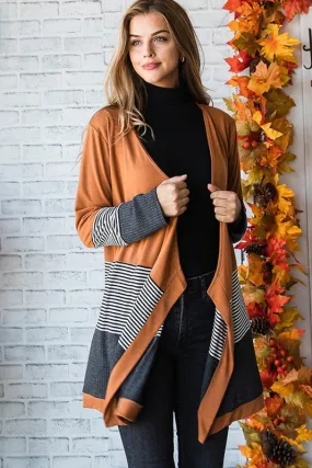 Orange Colorblock Striped Patchwork Open Cardigan