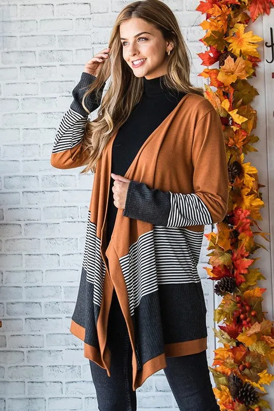 Orange Colorblock Striped Patchwork Open Cardigan