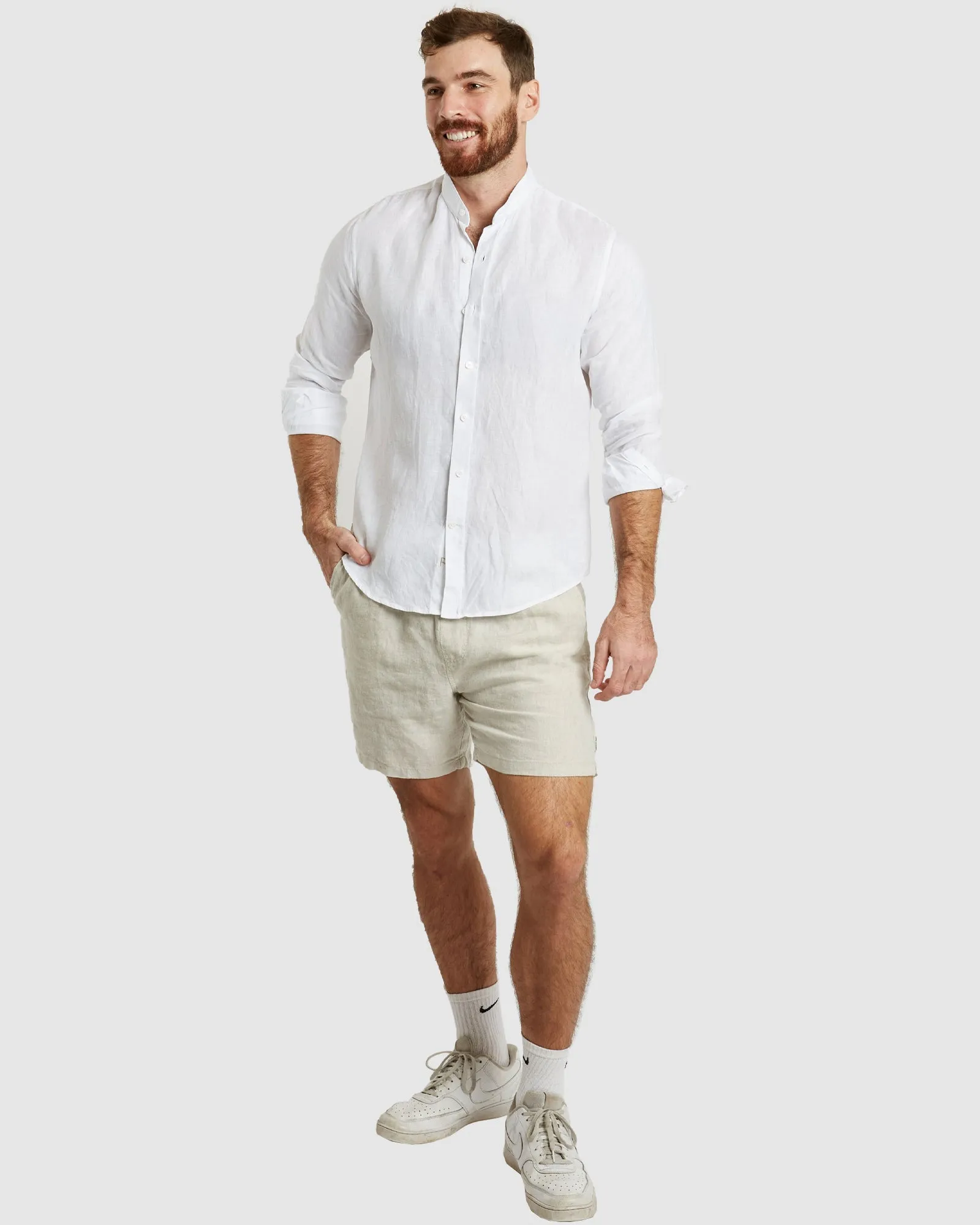 Palma-Casual White Mandarin Collar Linen Shirt