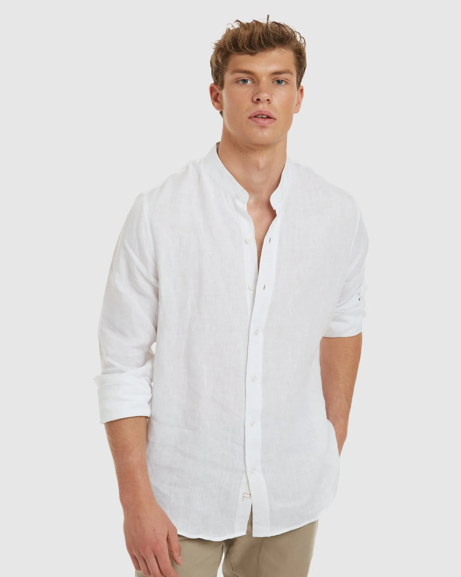 Palma-Slim White Mandarin Collar Linen Shirt