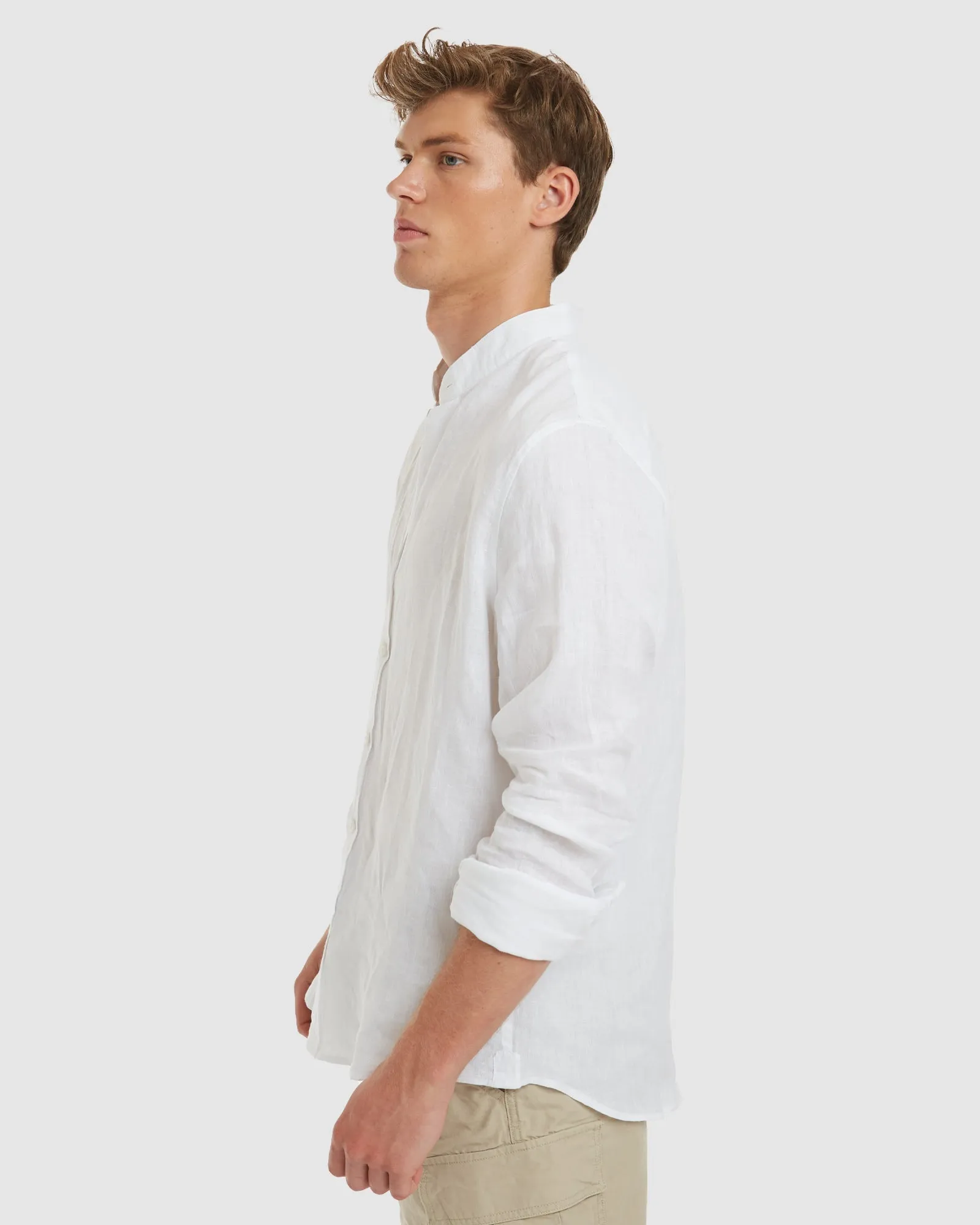 Palma-Slim White Mandarin Collar Linen Shirt