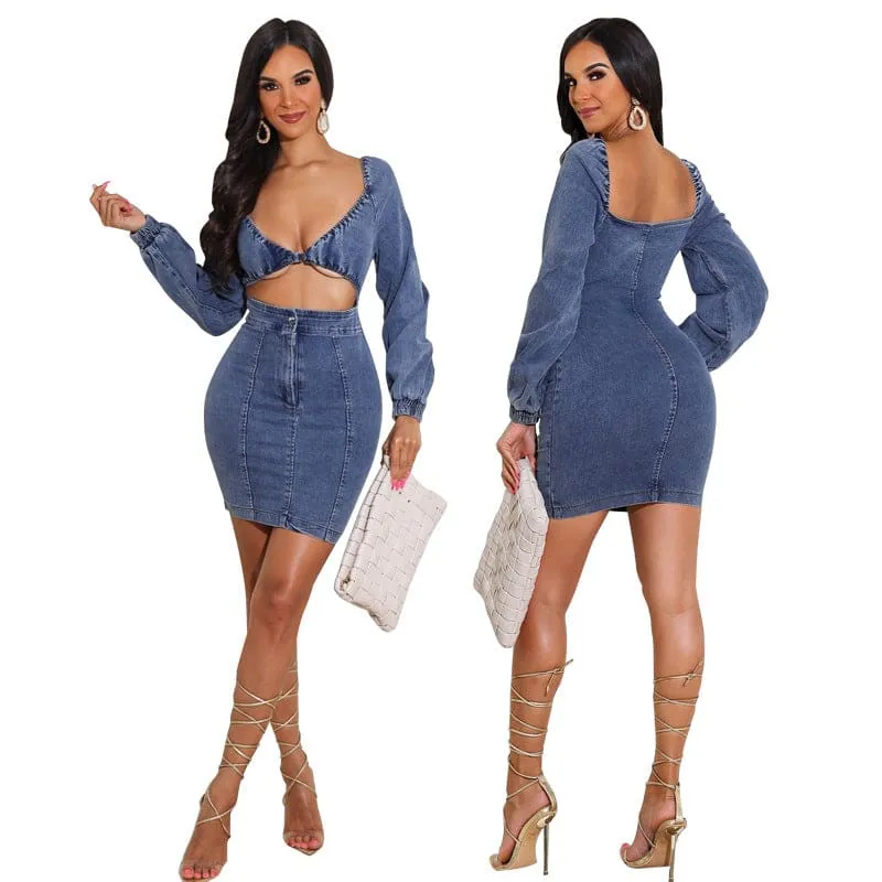 Plunging Neck Front Cut Out Bodycon Denim Dress