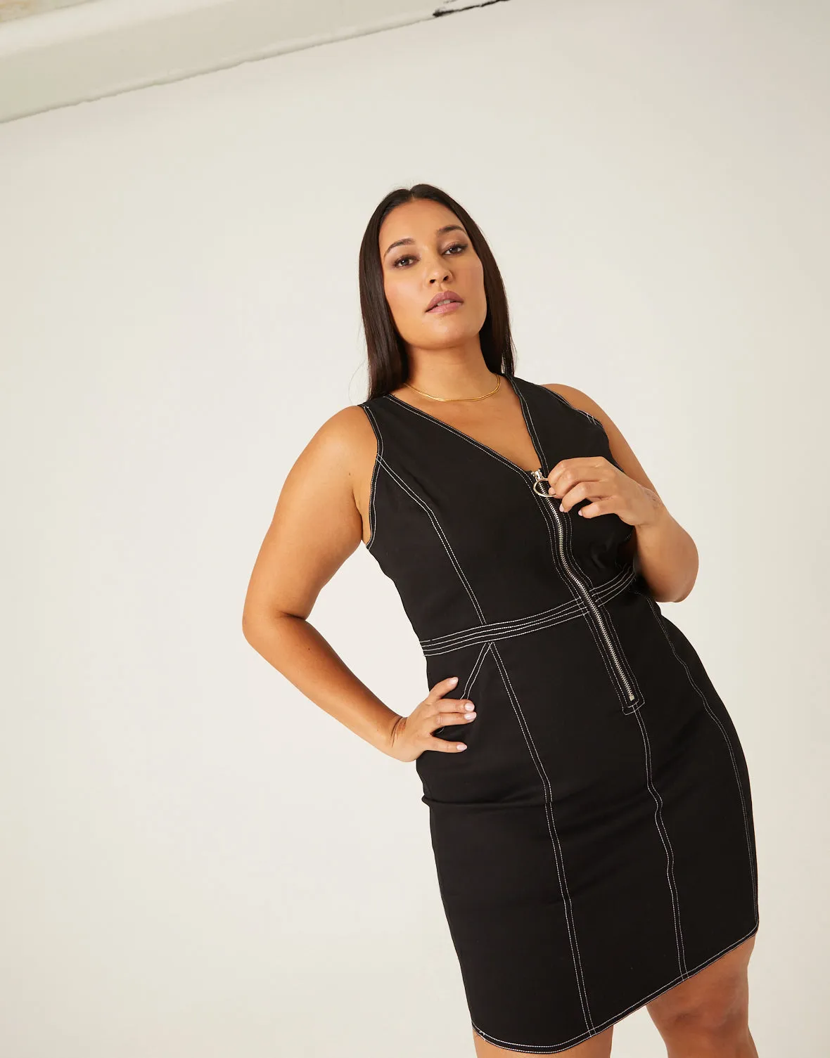 Plus Size Zip Front Seams Dress