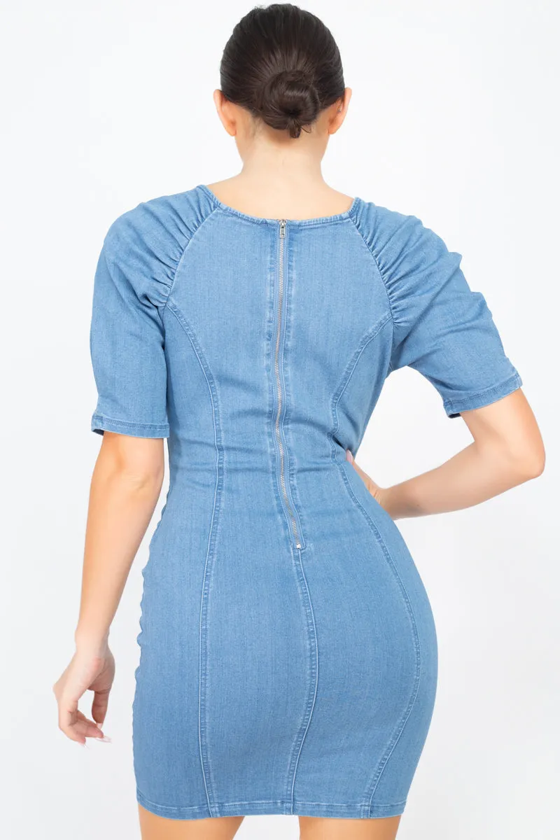 Puff Sleeve Seamed Denim Dress