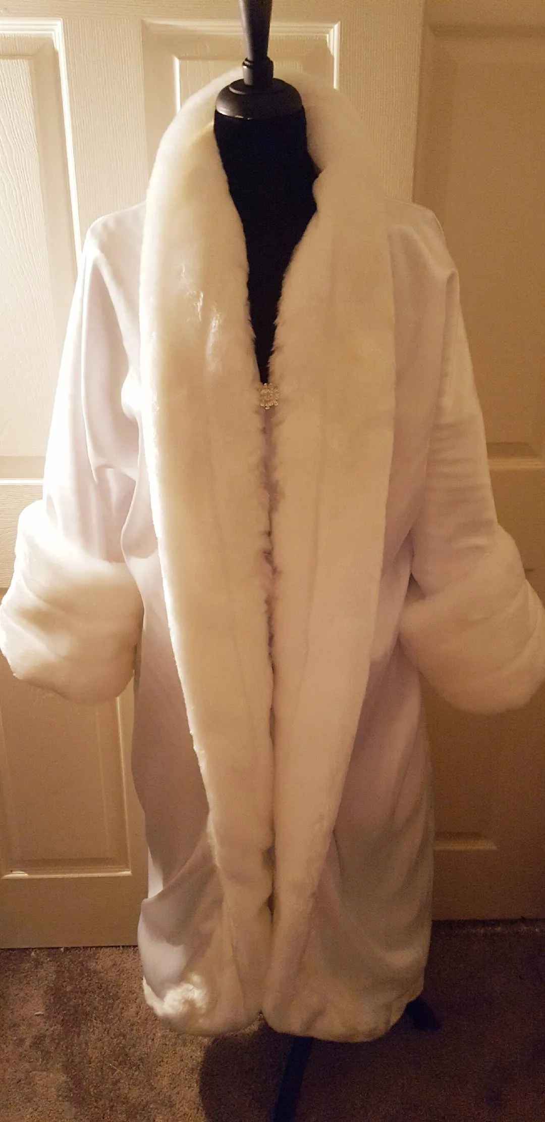 Pure White Velboa Satin & Faux Fur Reversible Gatsby Inspired Cocoon Maxi Coat