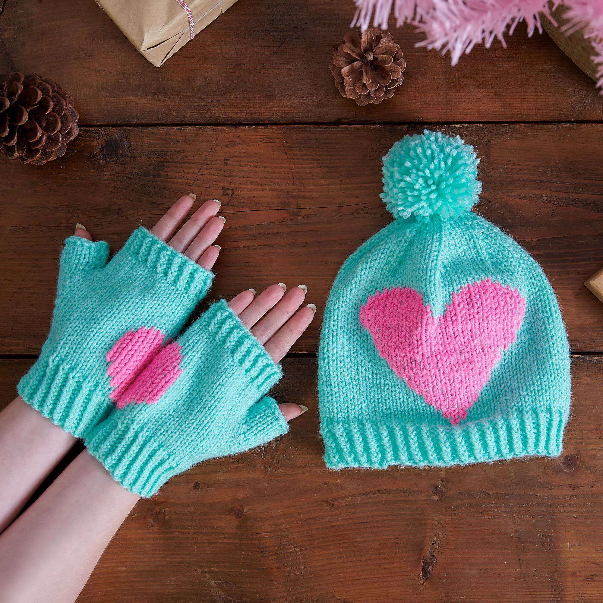 Red Heart Knit Broken Heart Hat And Fingerless Gloves