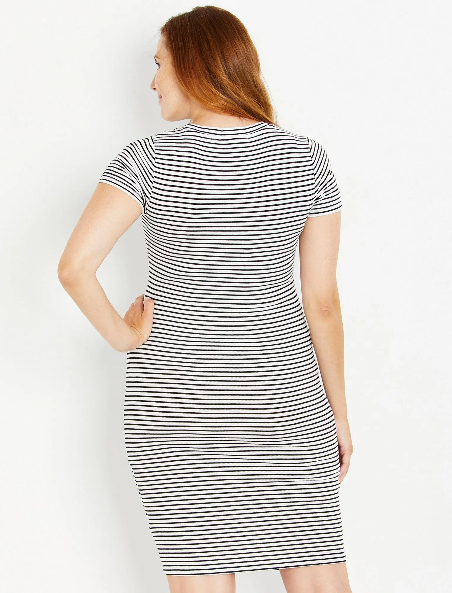 Rib Knit Maternity T Shirt Dress in White Black Stripe