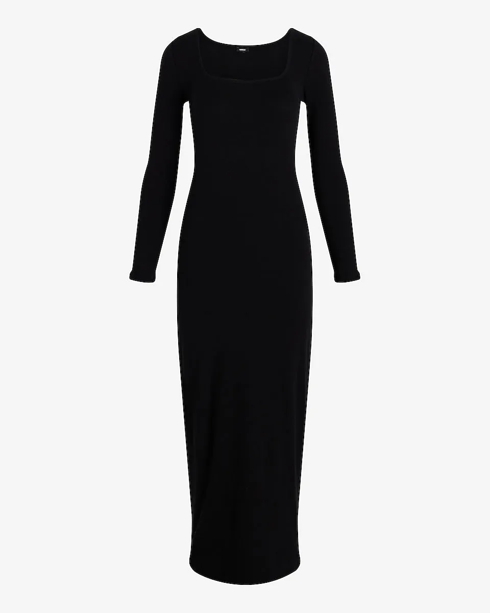 Ribbed Square Neck Long Sleeve Maxi Dress in Pitch Black