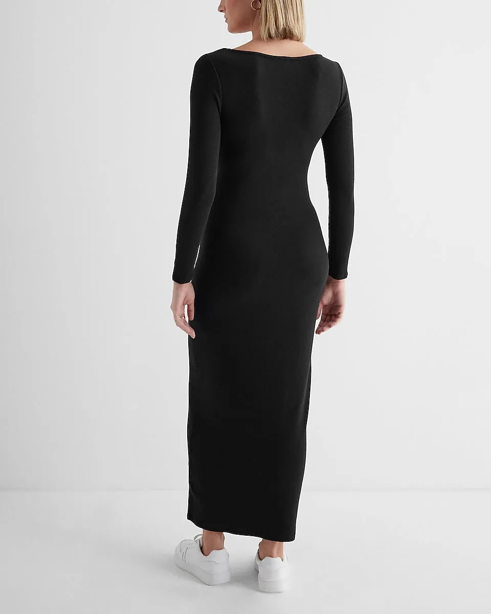 Ribbed Square Neck Long Sleeve Maxi Dress in Pitch Black