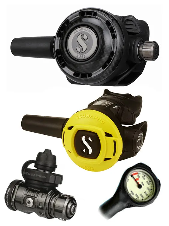 Scubapro Regulator Set: MK19 Evo Black Tech (DIN or Yoke) / G260 Carbon / Octopus & Free Termo Gauge