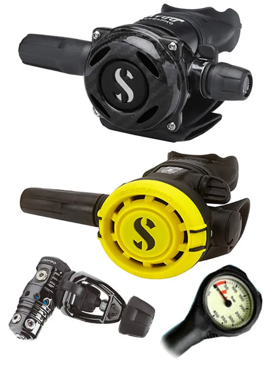 Scubapro Regulator Set: MK25 Evo Black Tech (DIN or Yoke) / A700 Carbon / Octopus & Free Termo Gauge