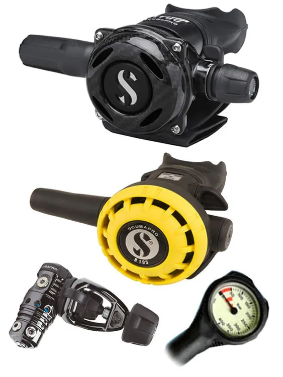 Scubapro Regulator Set: MK25 Evo Black Tech (DIN or Yoke) / A700 Carbon / Octopus & Free Termo Gauge