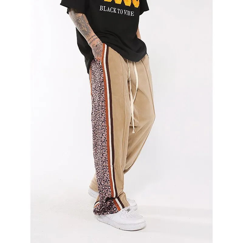 Side Striped Leopard Velvet Track Pants for Men Urban Streetwear Hip Hop Colorblock Joggers Loose Casual Velour Sweatpants Women