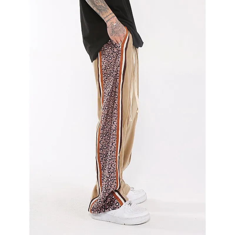 Side Striped Leopard Velvet Track Pants for Men Urban Streetwear Hip Hop Colorblock Joggers Loose Casual Velour Sweatpants Women