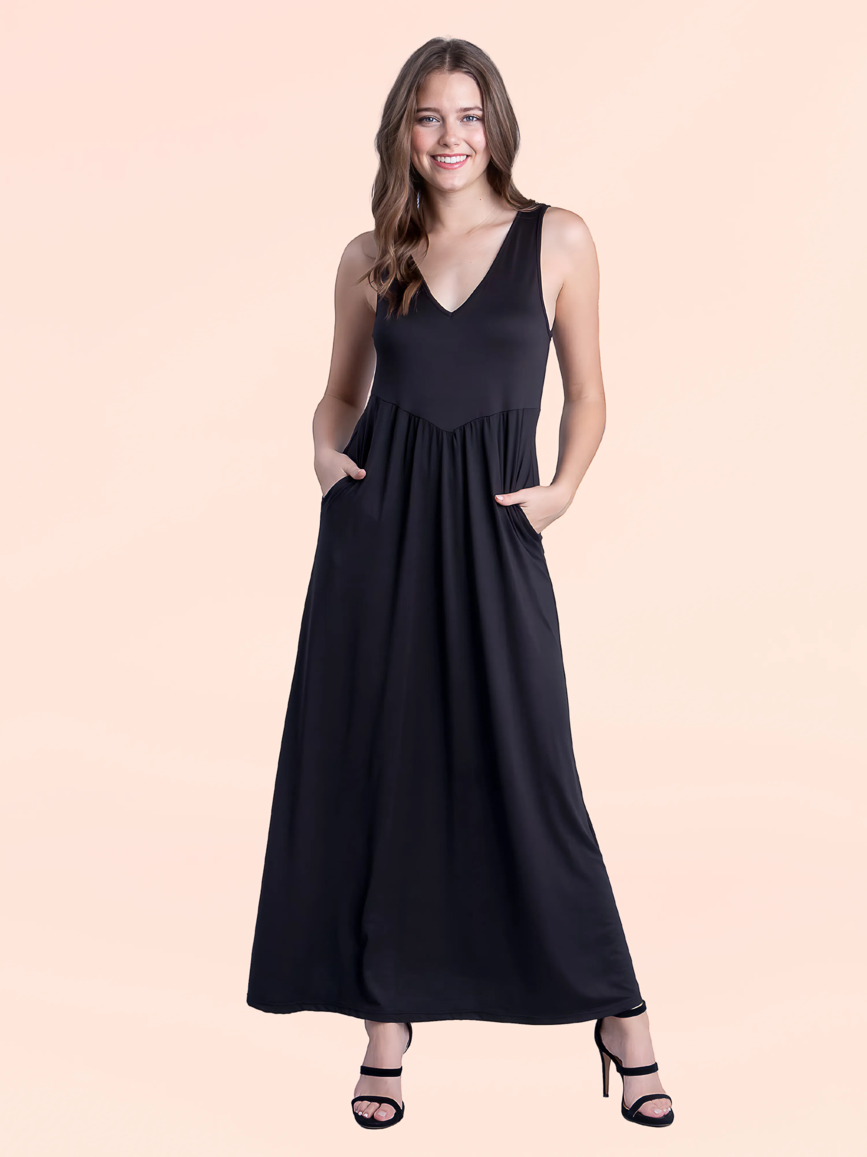 Sleeveless V Neck Maxi Dress with Pocket Detail